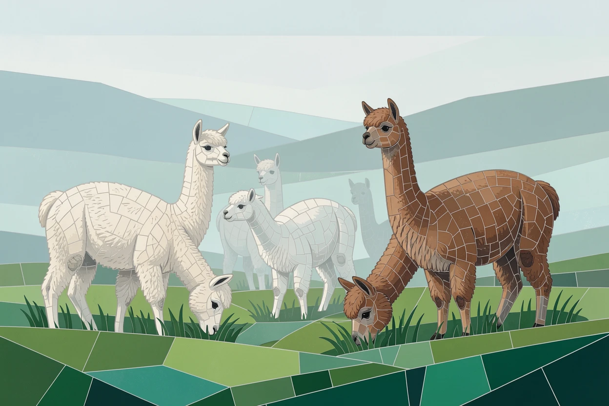 A peaceful herd of alpacas grazing in a misty green highland meadow.