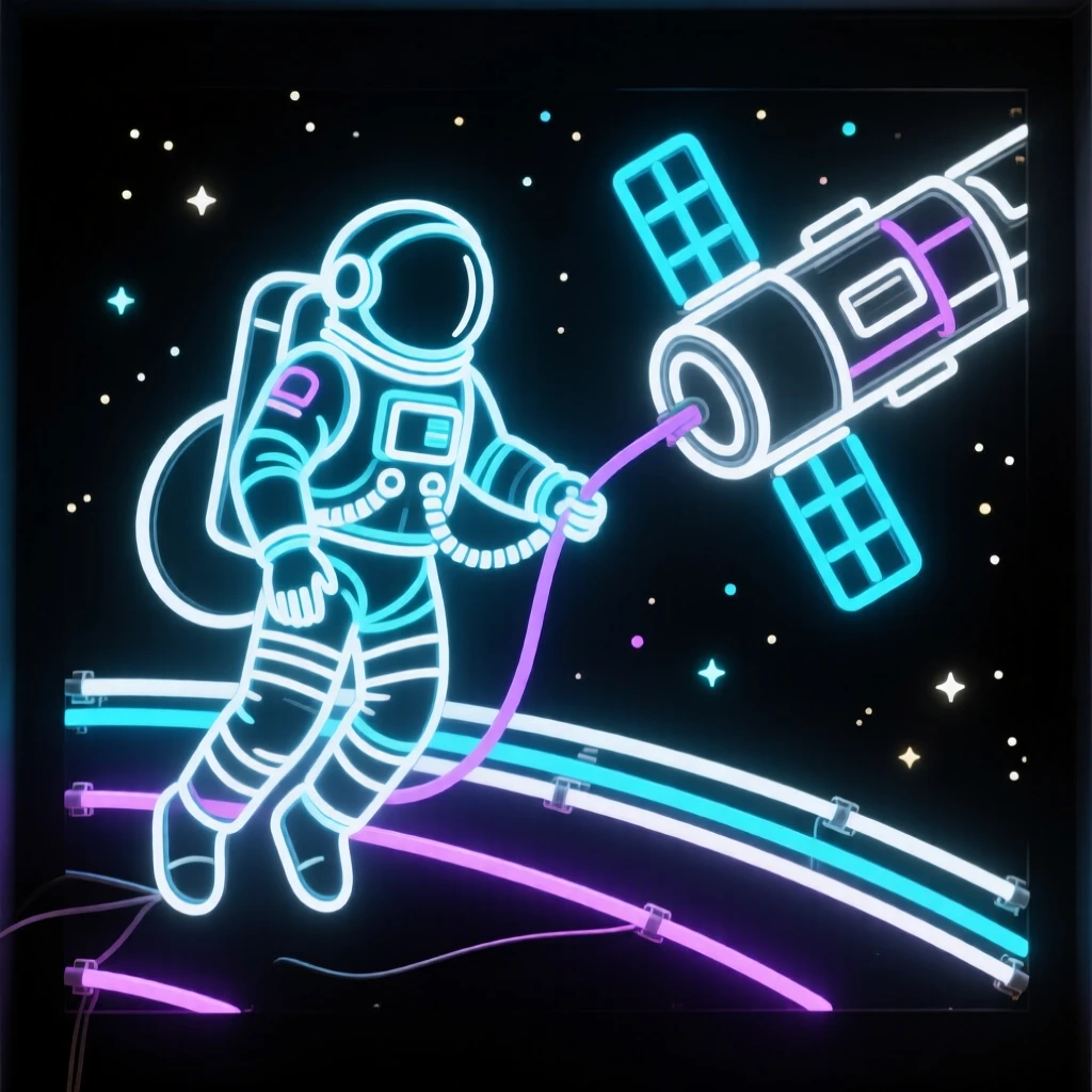 A spacewalk astronaut tethered to a station module against a starfield.