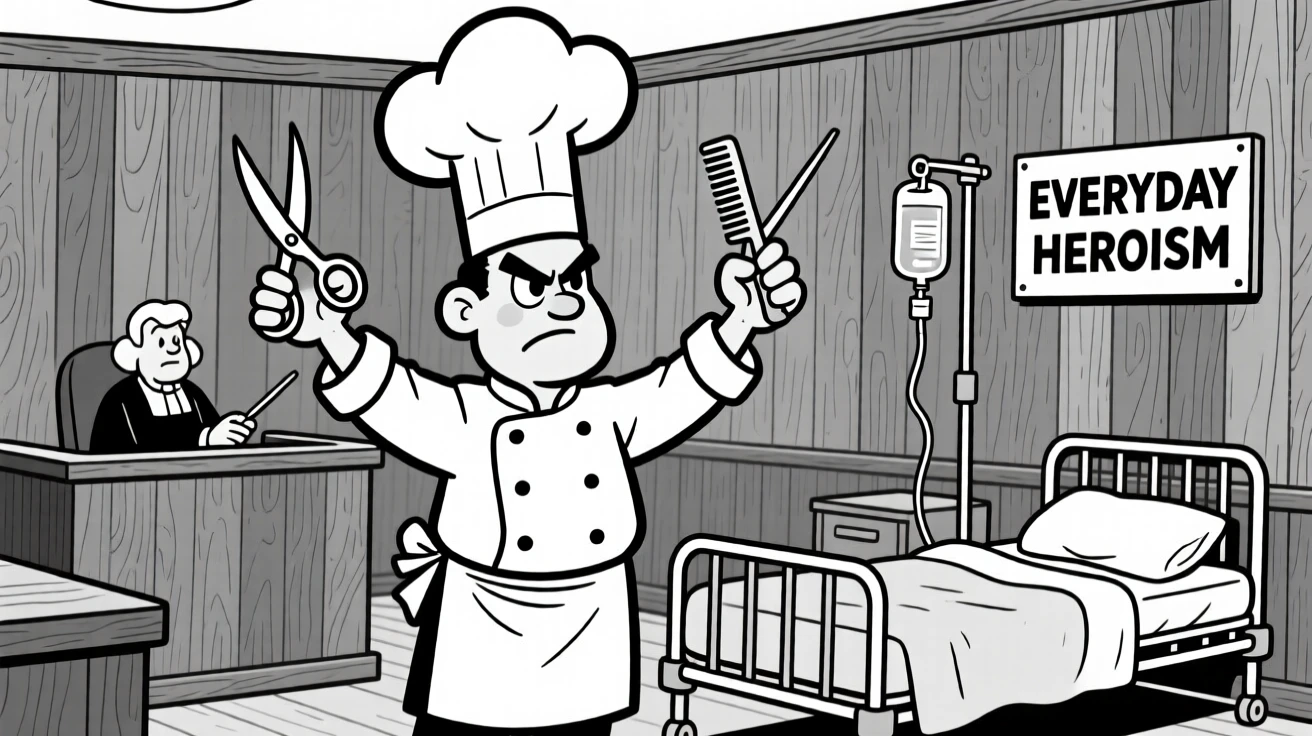 A no-nonsense chef with a towering white hat, holding scissors and a comb like conductor's batons, set in a wood-paneled courtroom. An IV pole rattles softly beside the bed. The scene celebrates the quiet heroism of everyday work.