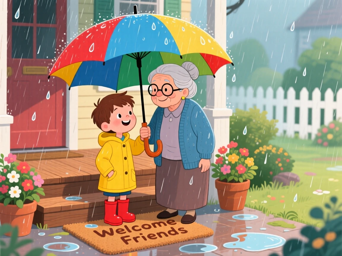 In a cozy front porch, a young boy and an elderly neighbor bond over sharing an umbrella during a sudden rainstorm, as warm smiles are exchanged.