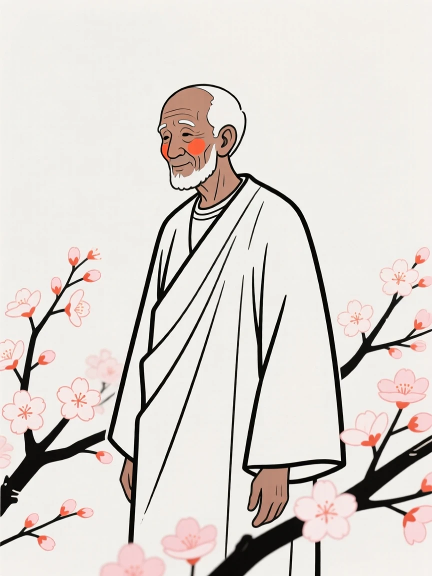 An elderly man wearing an Ethiopian habesha dress, in a blooming cherry blossom garden.