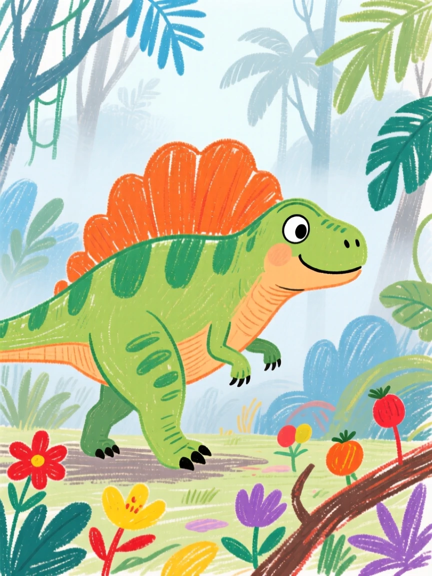 A Spinosaurus wandering through a misty prehistoric jungle.