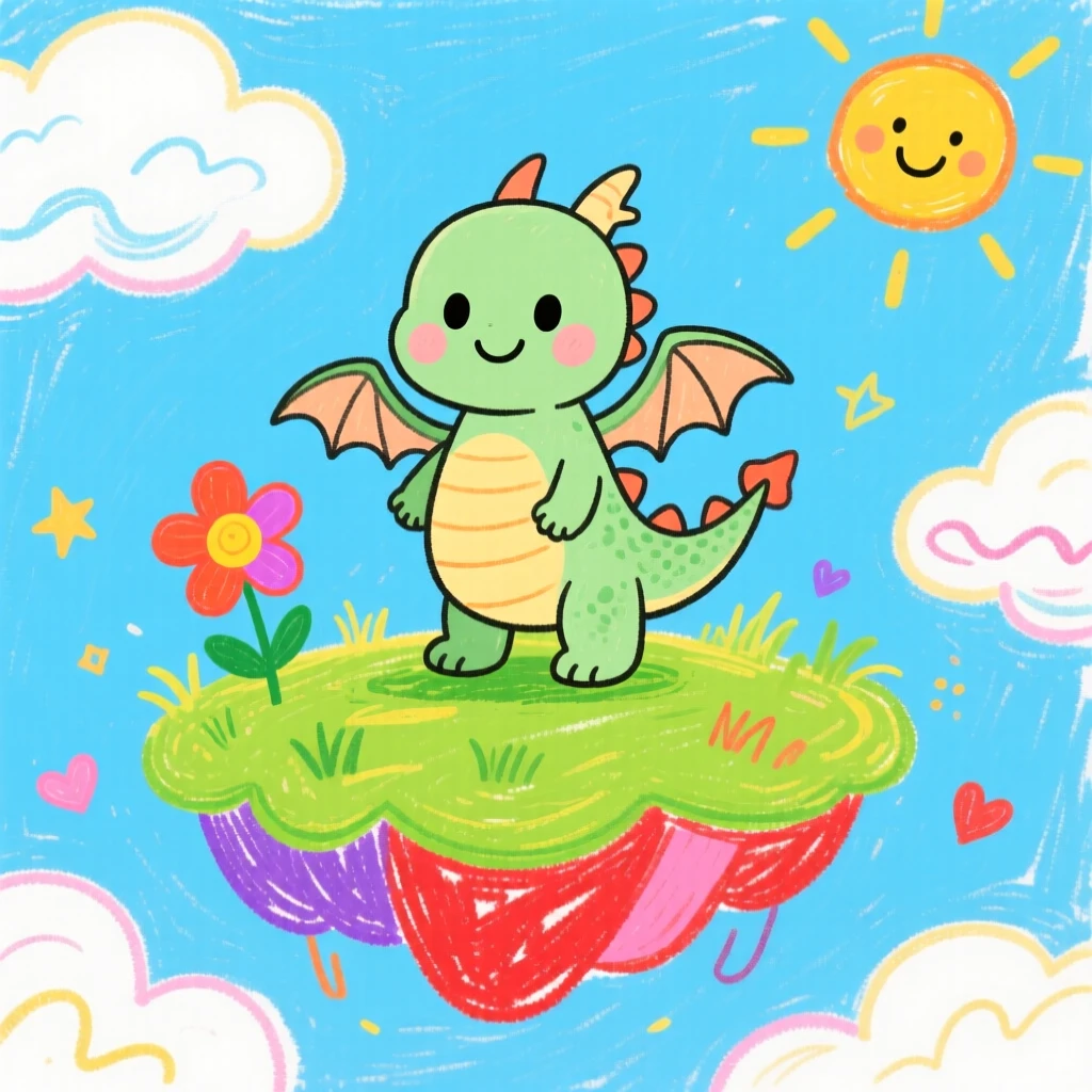 A gentle baby dragon with tiny wings atop a floating island in the sky.