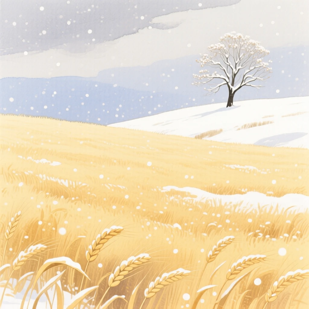 A breathtaking view of a golden wheat field during a gentle snowfall, where a lone tree stands on a ridge
