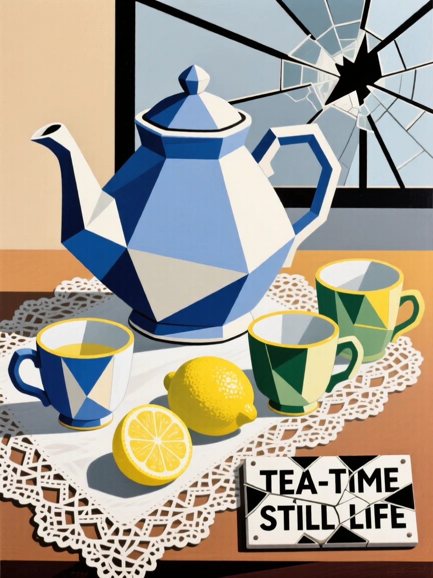 A porcelain teapot and cups arranged on a lace doily beside fresh lemons.