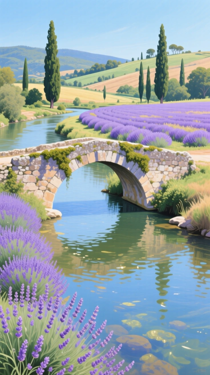A serene river in Provence winds past fields of lavender in full bloom, an old stone bridge crossing the water, cypress trees lining the distant hills, everything rendered with quiet clarity under the steady, natural light of the hour.
