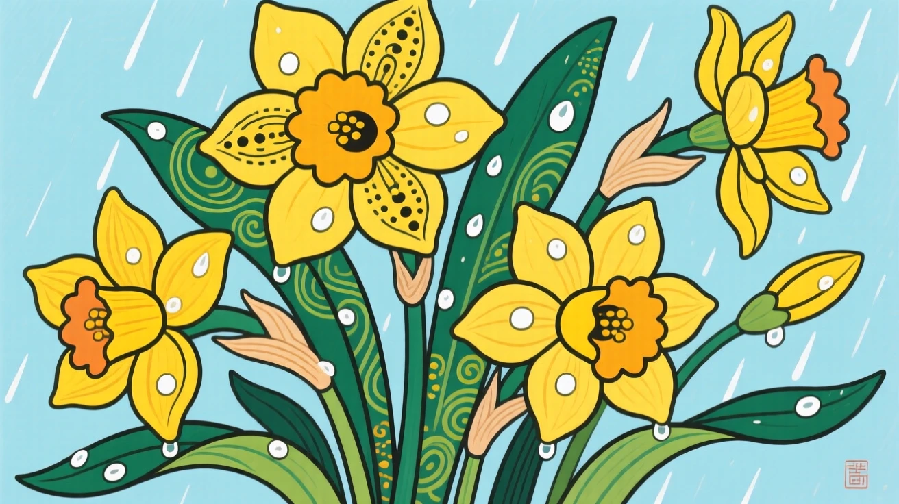 A close view of daffodils after spring rain with dew still clinging to the petals.