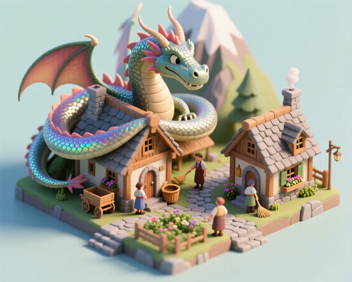 A dragon-guarded mountain village where a friendly dragon curls protectively around the rooftops, its scales glinting as villagers go about their morning routines.
