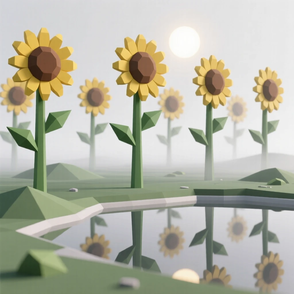 A field of sunflowers turned toward the sun, with mist rolling gently across the ground. reflections in the water double the scene's beauty. It evokes a feeling of pure tranquility.