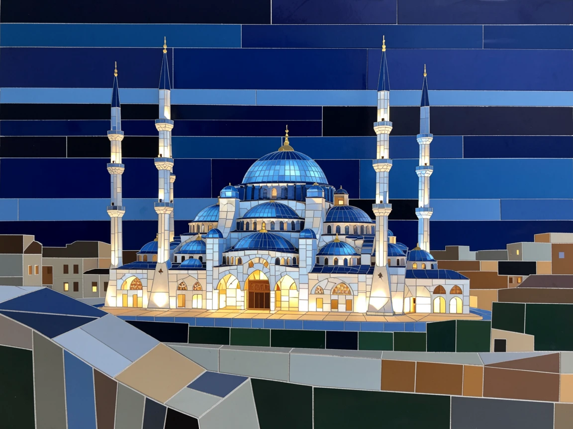 The blue mosque in istanbul illuminated at night, viewed from a dramatic elevated vantage point.