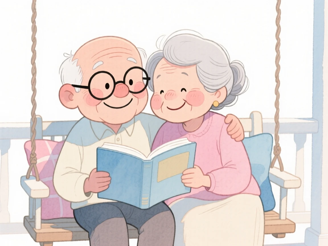 An elderly couple still deeply in love reading the same book together on a porch swing