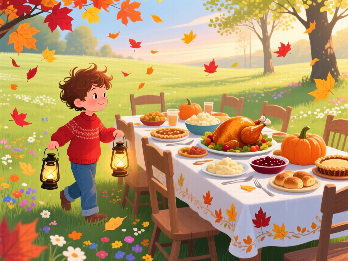 A boy carrying a lantern spend the evening setting the table for a big Thanksgiving feast in a sunlit spring meadow, as colorful leaves swirl through the air.
