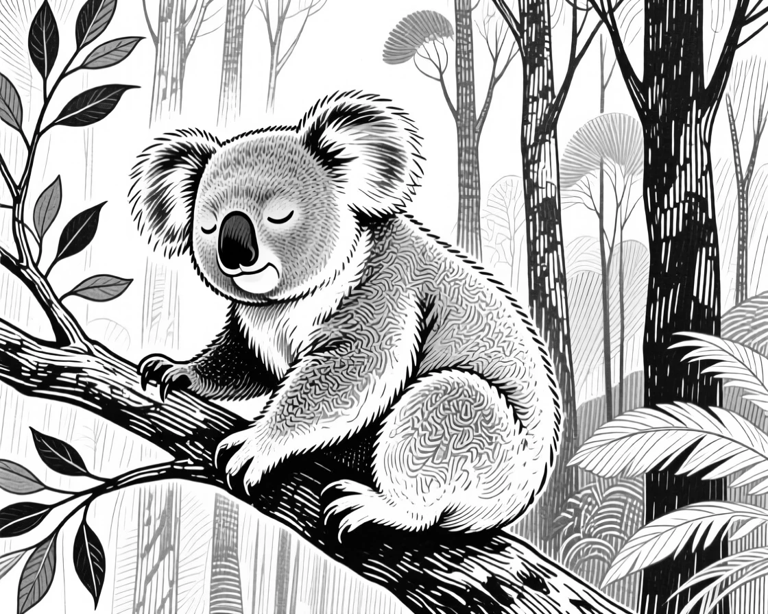 A sleepy koala at the edge of a quiet forest, feathers fanned in fine detail, capturing a joyfully alive moment in nature with a strong, centered focal point.