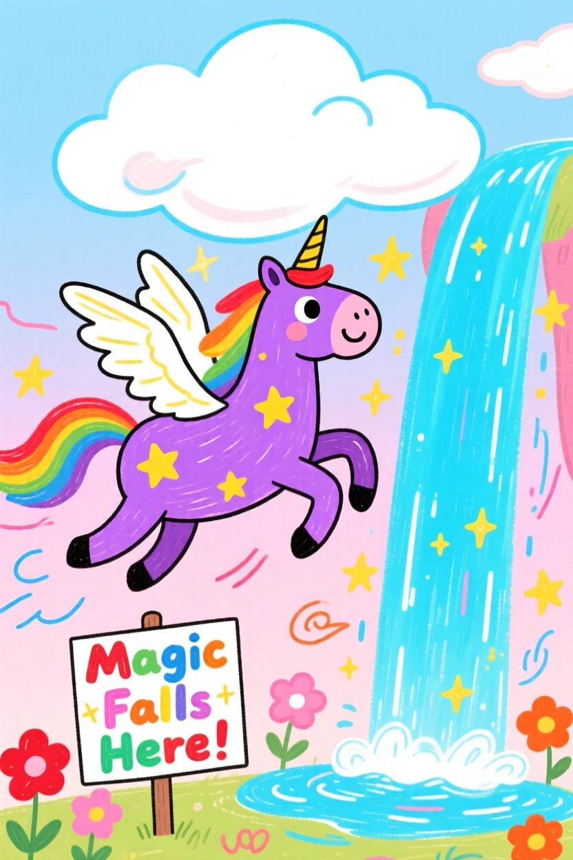 A starlight pegasus soaring through clouds beside a glowing magical waterfall.
