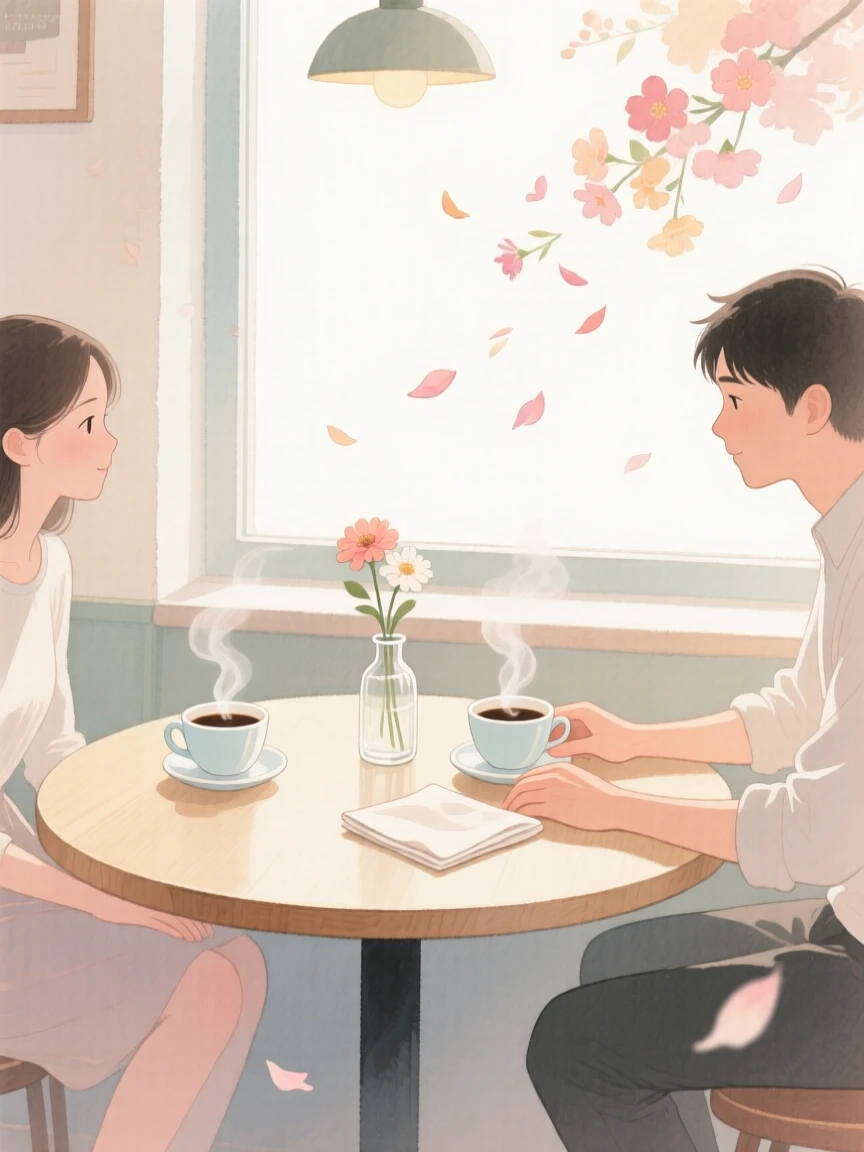 A tender moment of a quiet café table for two, with petals drifting gently in the breeze, capturing quiet affection between two people