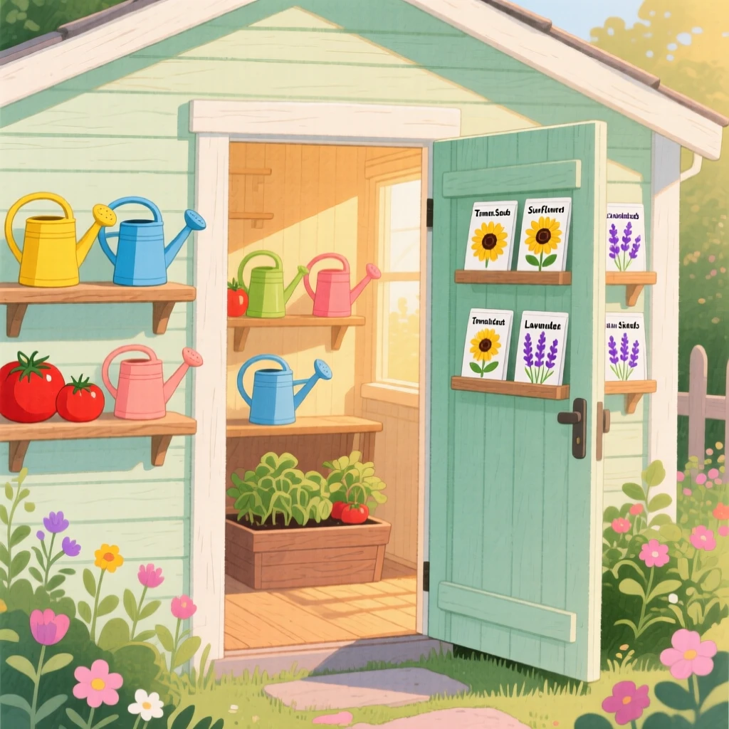 A garden shed filled with watering cans and seed packets, glowing softly as evening falls.