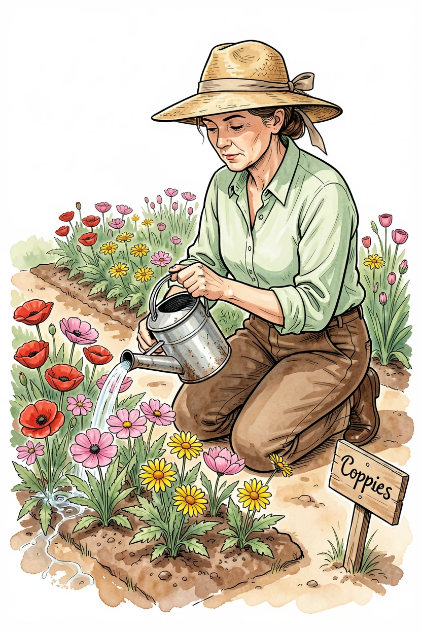 A gardener kneeling among rows of blooming flowers, gently watering with an old tin can