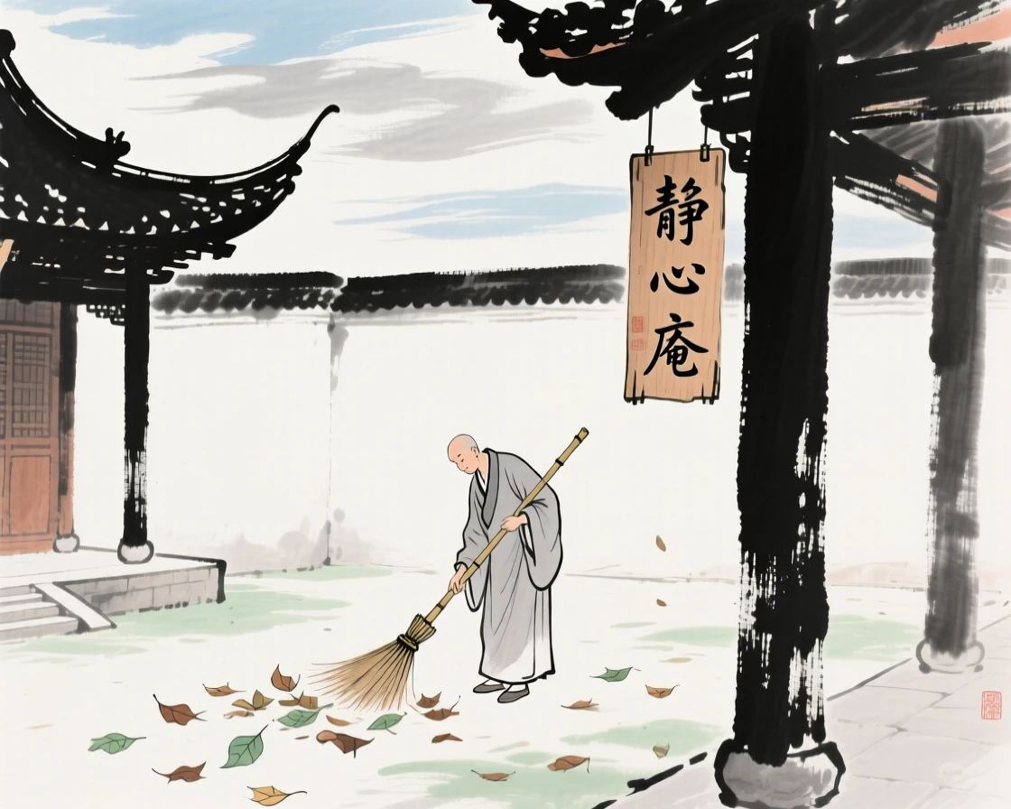 A monk sweeping fallen leaves from a temple courtyard, under a sky streaked with clouds, in the height of summer.