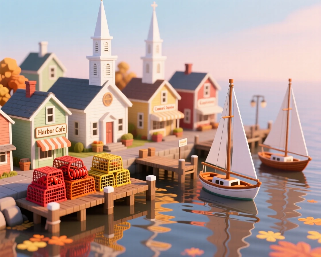 A New England harbor town with white church steeples, lobster traps stacked on the dock, and sailboats bobbing gently in the autumn-colored harbor.