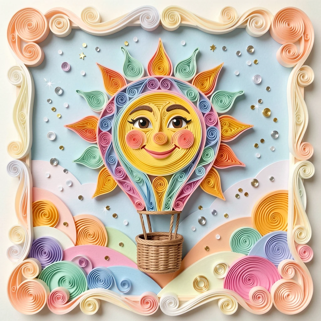 a hot air balloon shaped like a smiling sun, in a candy-colored dreamland, framed with soft rounded borders like a picture book page, with confetti-like sparkles throughout the scene.