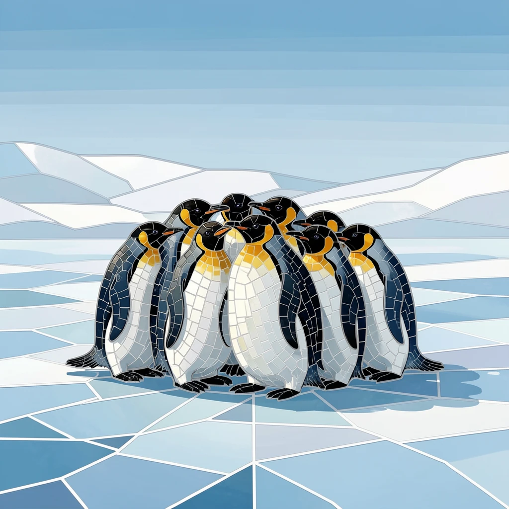 A group of emperor penguins huddled together on Antarctic ice.