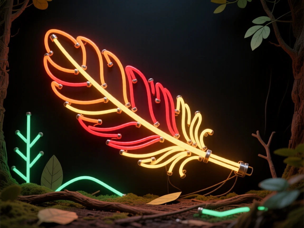A phoenix feather glowing faintly on a forest floor.
