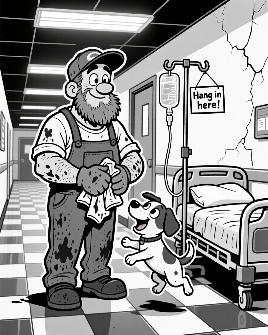 A gruff but kind mechanic wiping grease off his hands, getting licked on the face by a grateful puppy, set in a hospital hallway lit by flickering fluorescent lights. An IV pole rattles softly beside the bed. It's a lighthearted tribute to a job well loved.