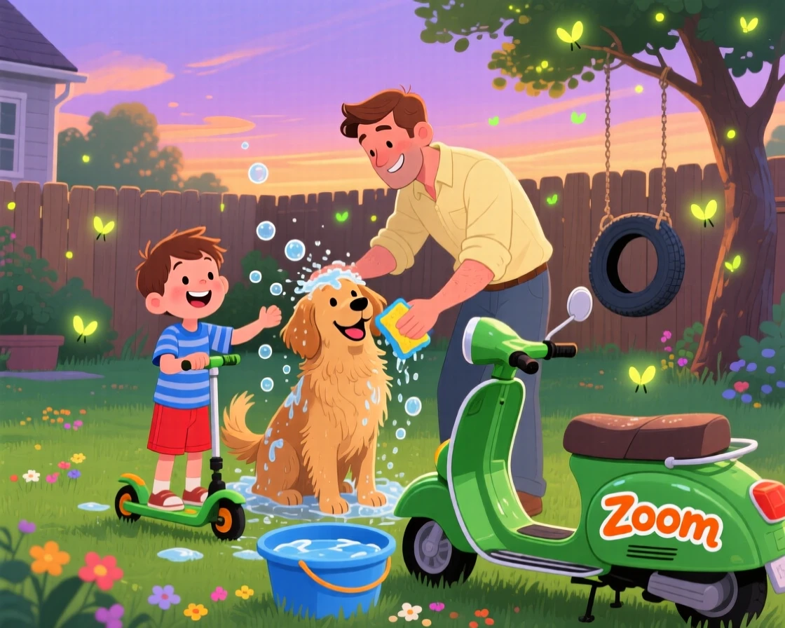 A small boy on a scooter and his father are washing a happy dog in the backyard, as fireflies begin to twinkle.