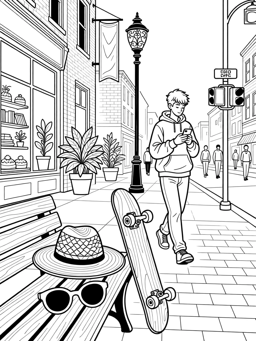 A wide-brim hat resting beside a pair of round sunglasses, worn while walking down a busy city street.