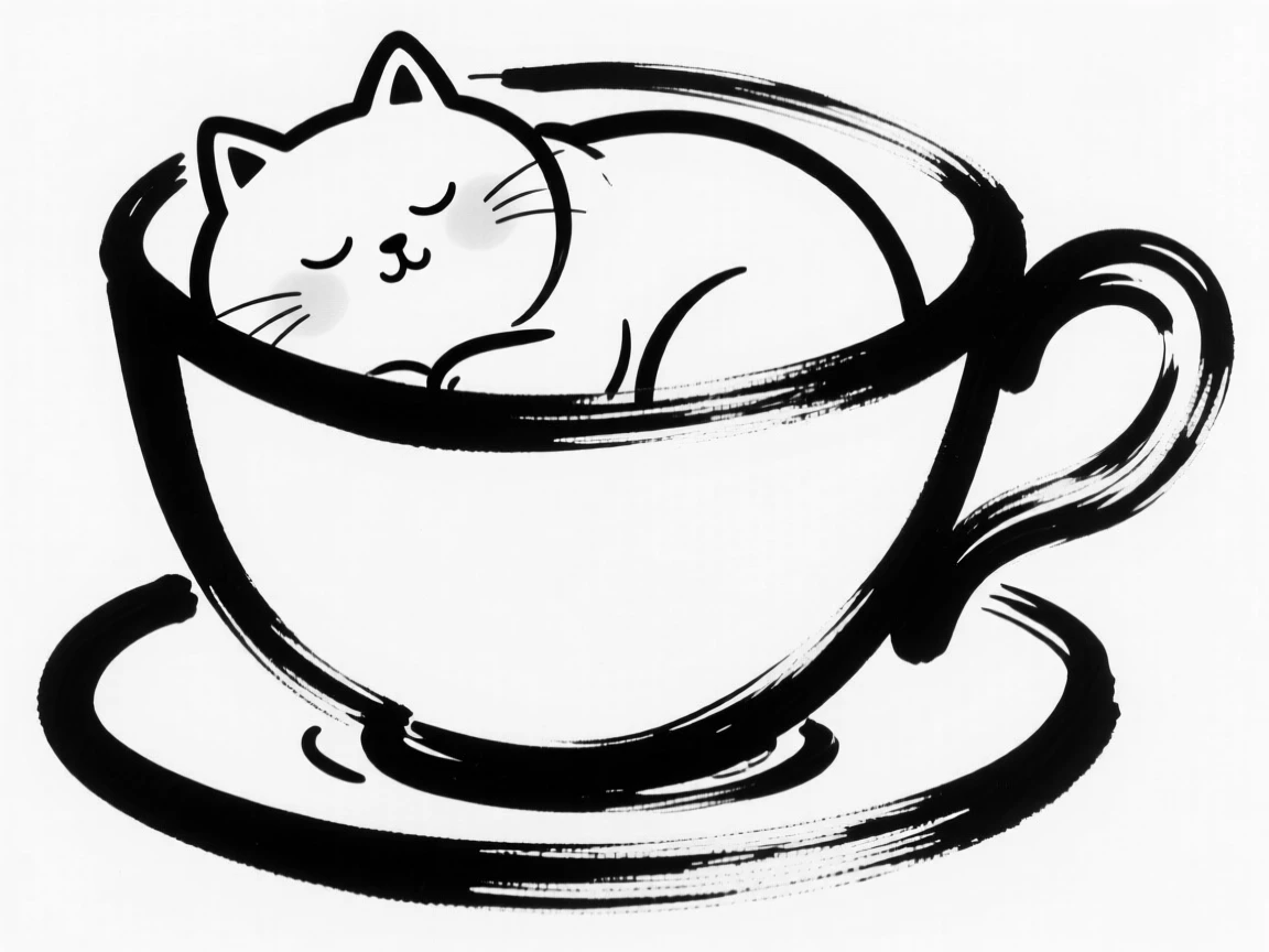 A chubby cat character napping inside a giant teacup.