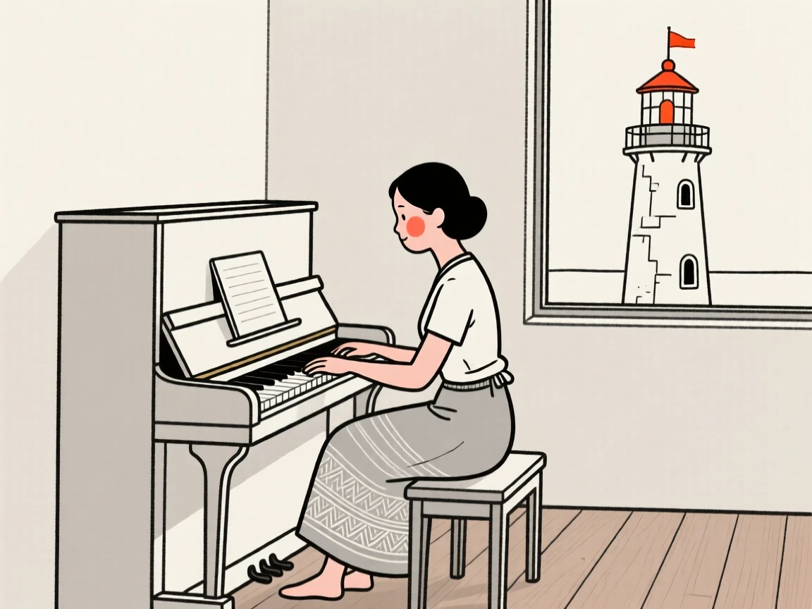 A grown woman of Thai heritage playing the piano in a quiet room, beside an old lighthouse.
