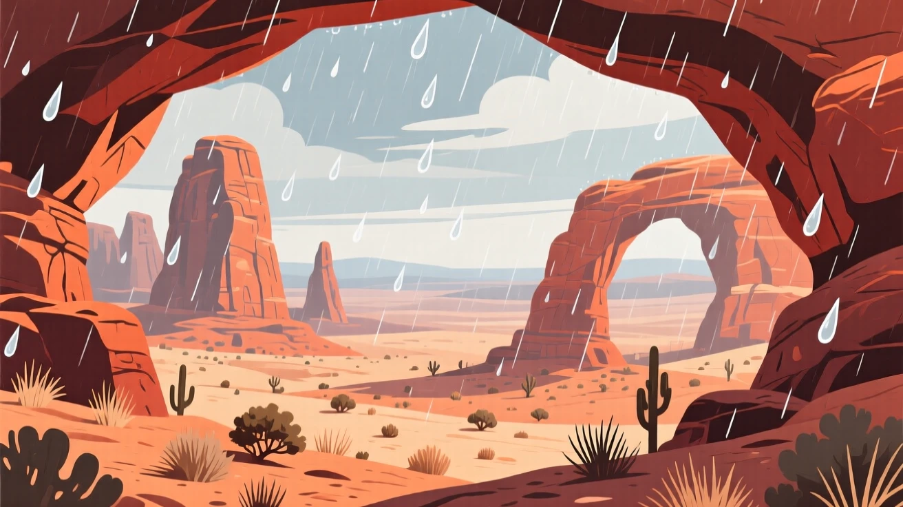 A rugged desert landscape with towering sandstone arches, with a light rain shower passing softly through, shown from an elevated viewpoint overlooking the scene, with a fresh, crisp clarity that highlights every detail.