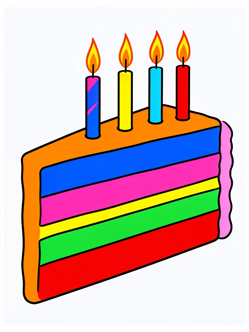 Slice of layered birthday cake with candles