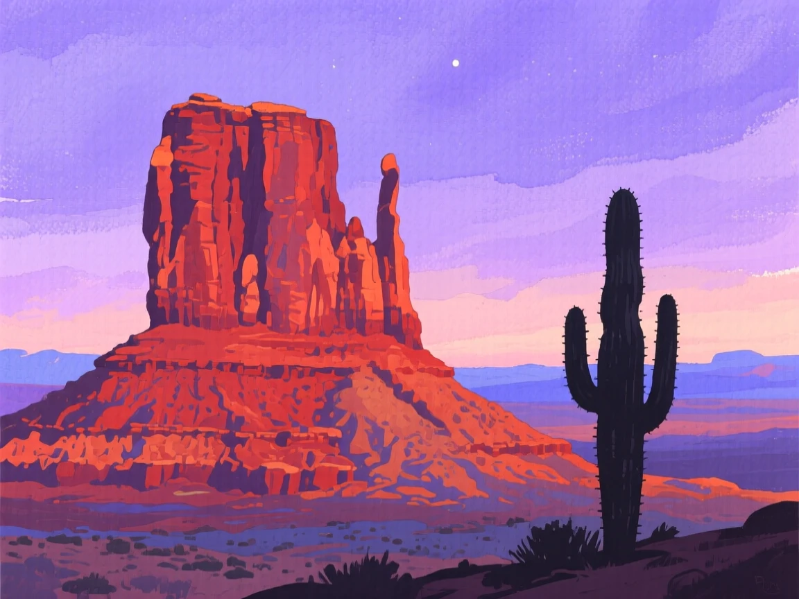 A desert landscape at dusk with towering red rock formations and a lone cactus silhouetted against a purple sky