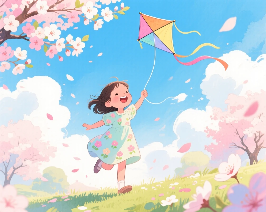 A little girl in a sundress flying a kite that dances against fluffy clouds, in a blossoming cherry tree garden, full of innocent laughter and delight.