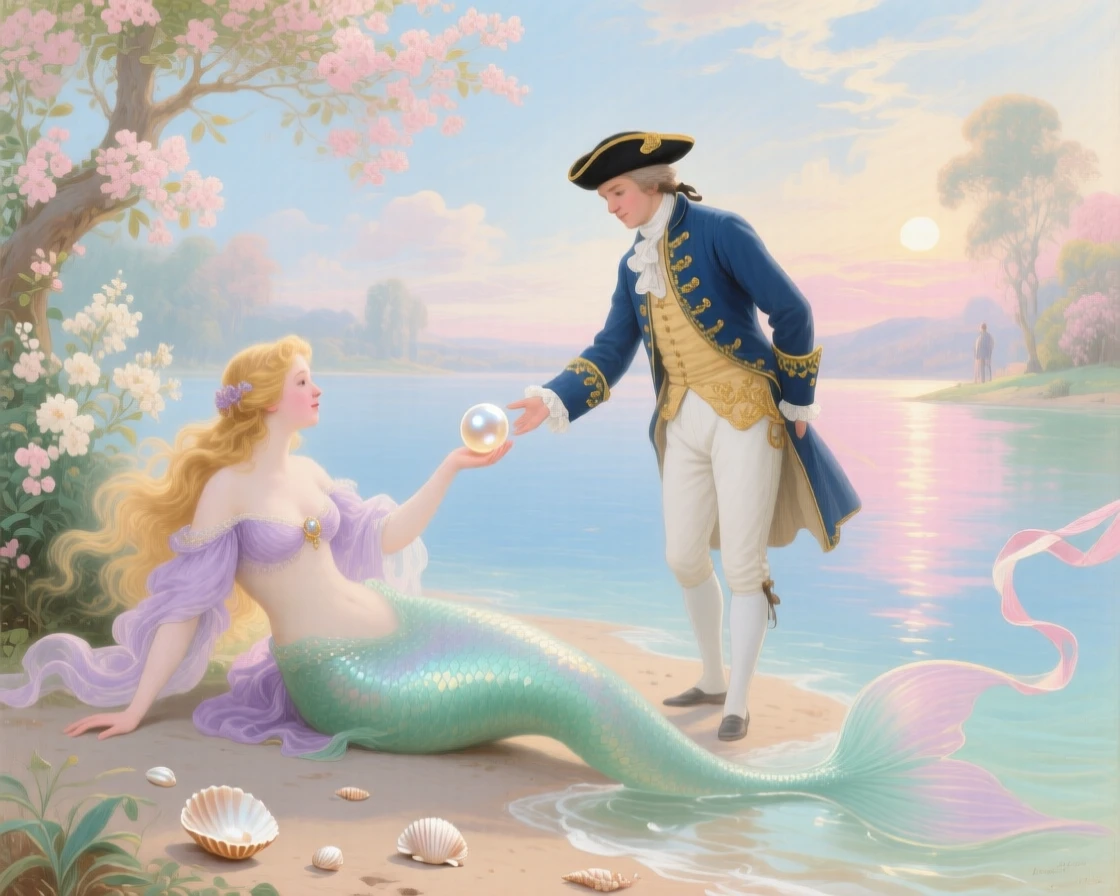 A mermaid offering a pearl to a sailor at the edge of a glowing lagoon  