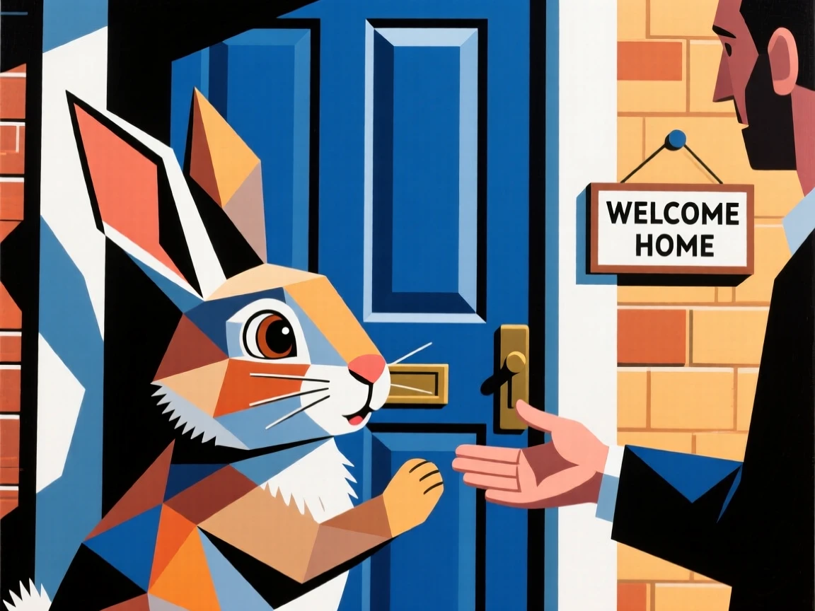 A charming close-up of a curious rabbit greeting its owner at the front door with excitement on a bright afternoon.