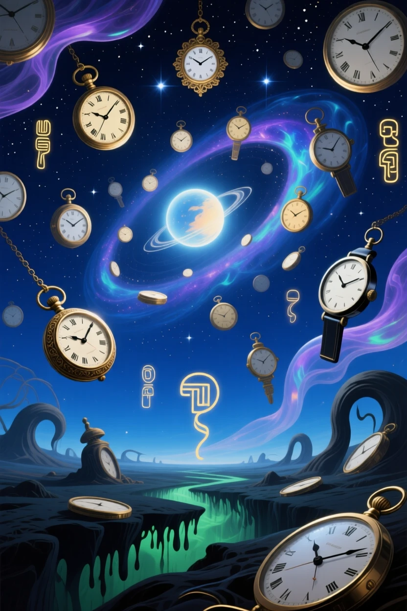 A sky filled with clocks instead of stars, all ticking softly spins gently at the center of an infinite dark sky, while the entire scene shimmers with quiet, cosmic stillness.