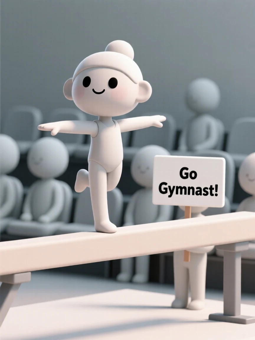 A determined gymnast balances perfectly on a narrow beam, arms extended gracefully as the crowd holds its breath.