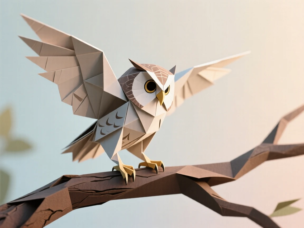 A young owl practicing its first wingbeats while perched on a low branch.