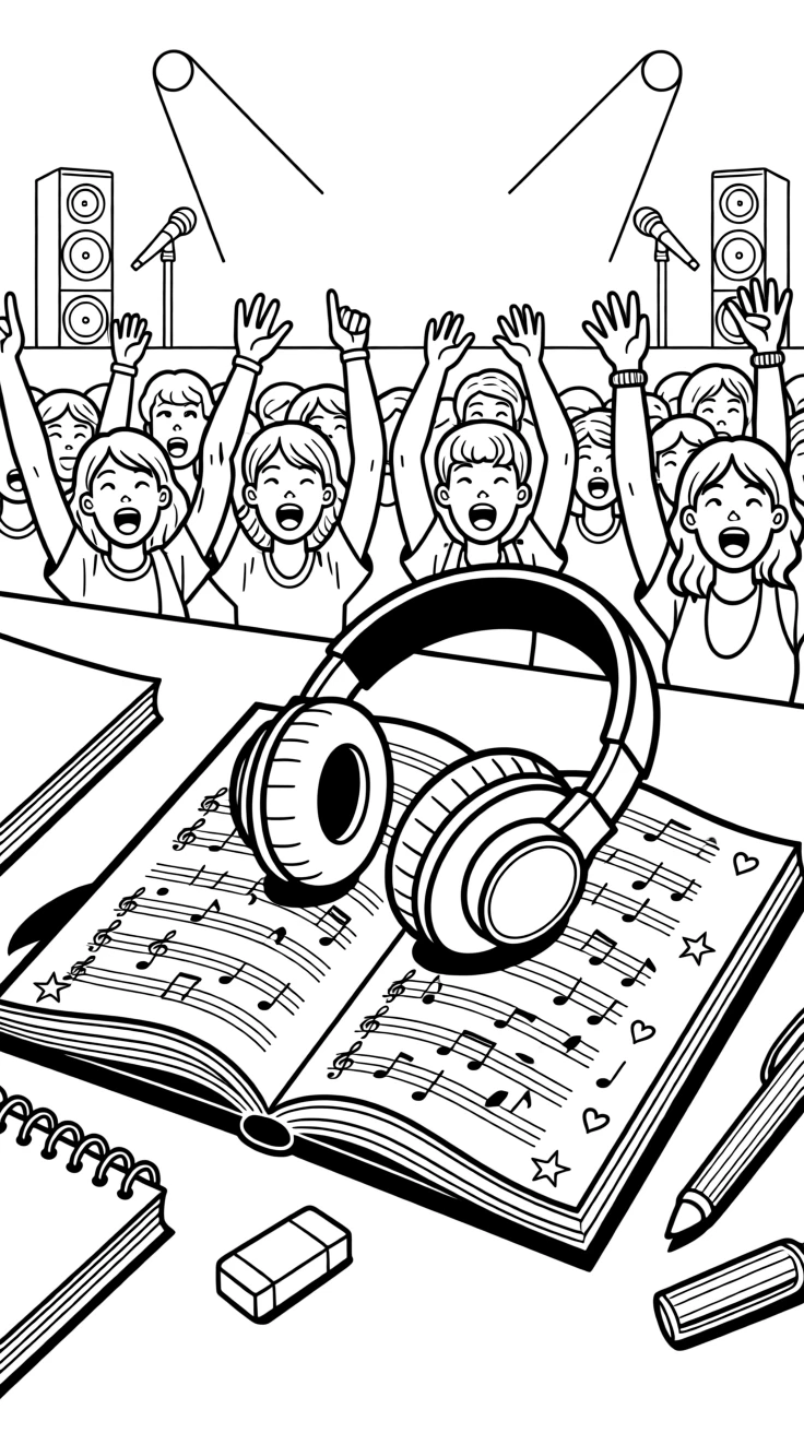 A pair of headphones resting on an open notebook covered in song lyrics, with a crowd cheering just out of focus.