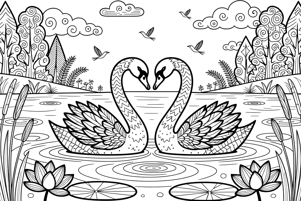 A pair of swans forming a heart shape with their necks on a lake.