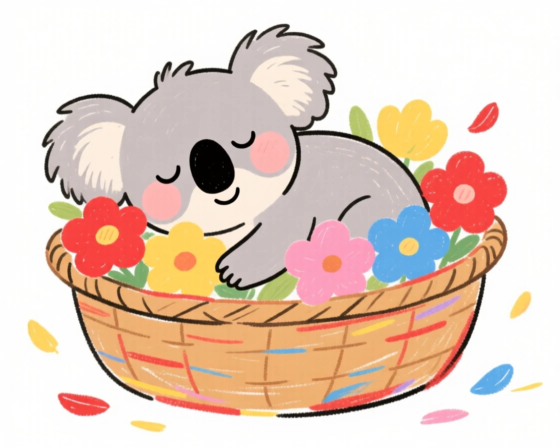 A plump koala joey napping in a basket of soft flowers.
