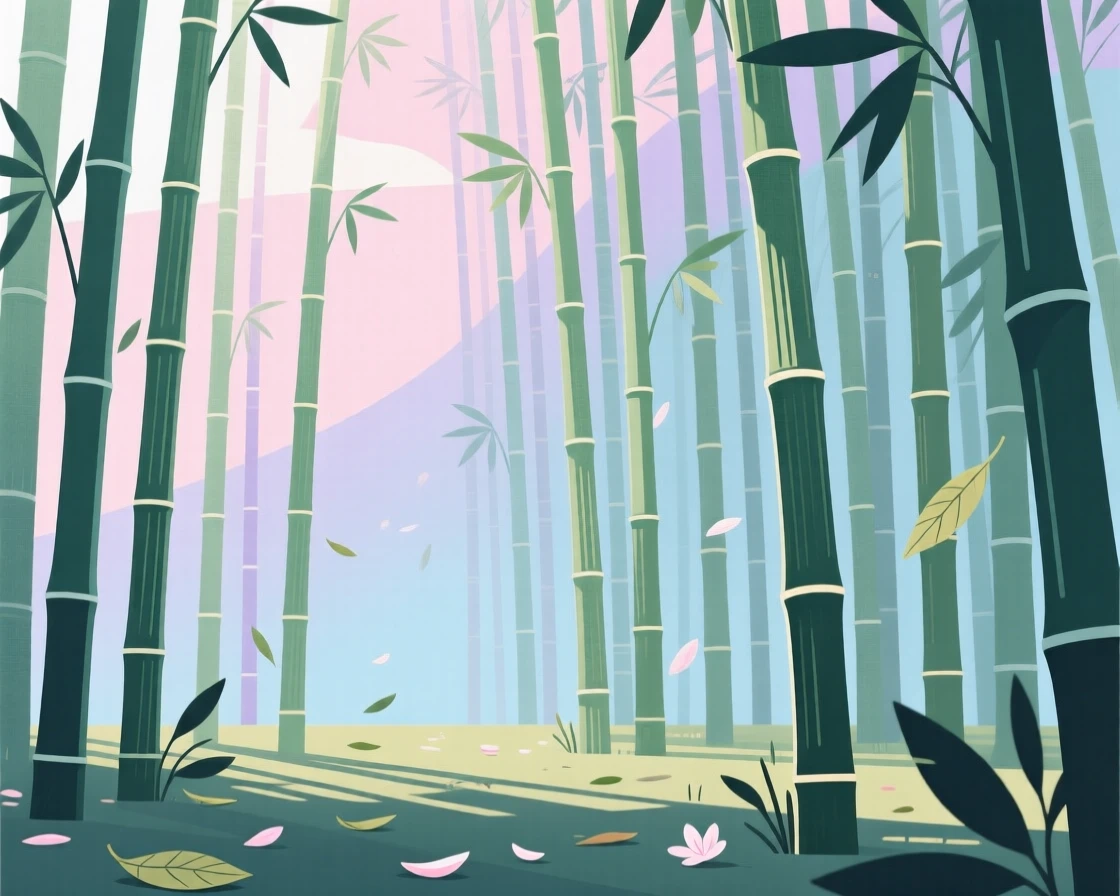 A tranquil bamboo forest with light filtering through the stalks, under a soft pastel morning sky, arranged with layered depth creating a sense of vastness, with delicate textures visible in every leaf and petal.