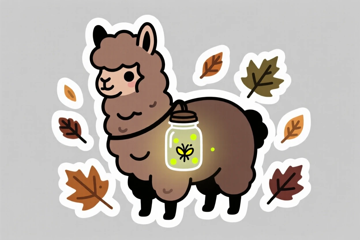 A shy fluffy alpaca carrying a lantern made of a firefly jar, among scattered autumn leaves.