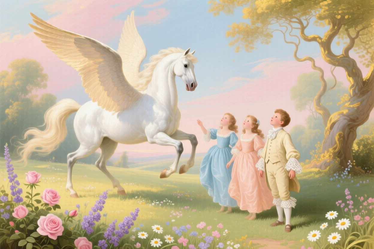 A winged horse landing in a meadow where children stare in wonder  