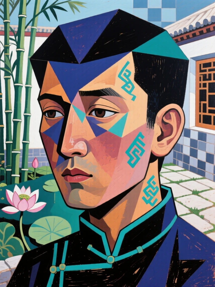 A close-up portrait of a young man of Mongolian heritage, lost in quiet thought, in a quiet garden courtyard.