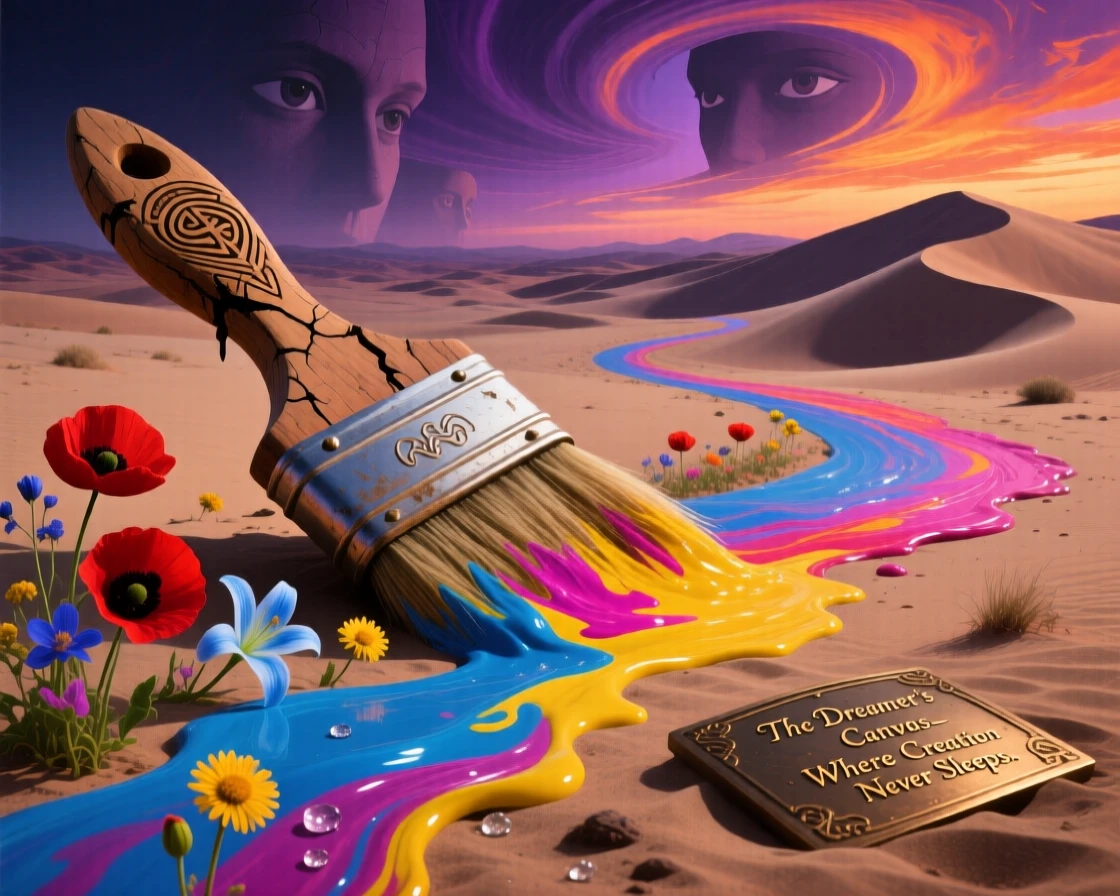 A giant paintbrush dragging a trail of color across a barren desert rests half-buried in drifting golden sand, while wildflowers push up through cracks along its surface.