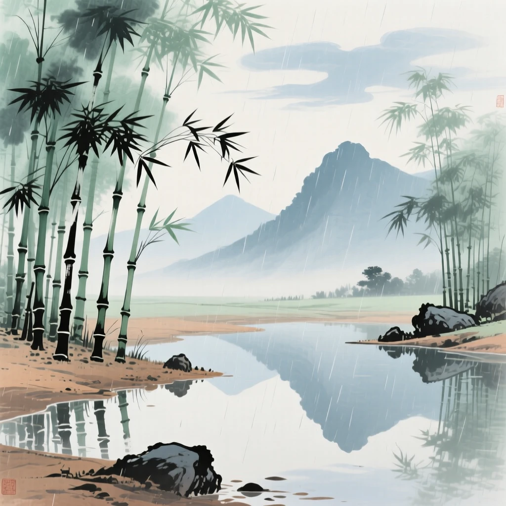 A quiet bamboo grove after a fresh rain, with the reflection of the peaks doubling the scene in still water, under drifting clouds.