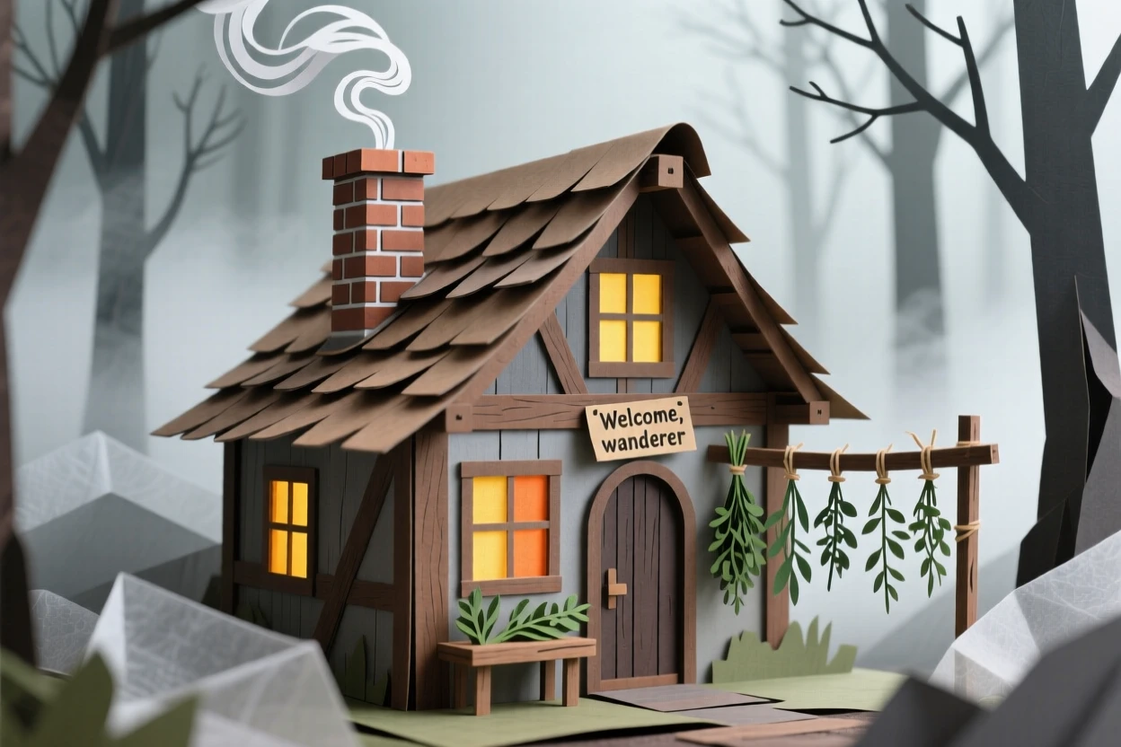 A witch's cottage nestled deep in a foggy forest, glowing windows and a curling chimney smoke, strange herbs hanging to dry outside the door, evoking cozy mystery.